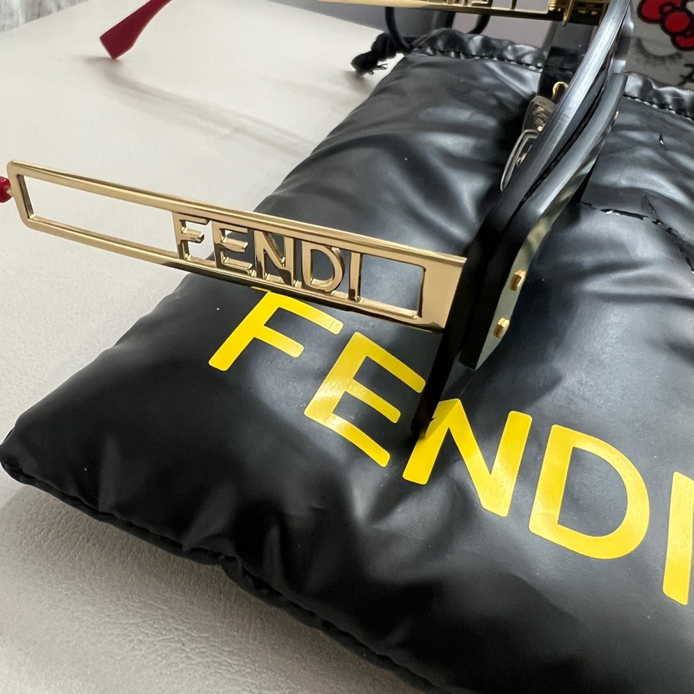 Fendi Gold, Red, and Black Sunglasses with Fendi bag and Fendi box